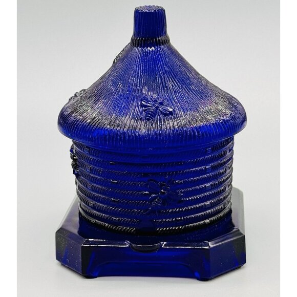 Boyd Glass Bee Hive Honey Pot Covered Jar Translucent Cobalt Blue 2009 - Picture 1 of 11